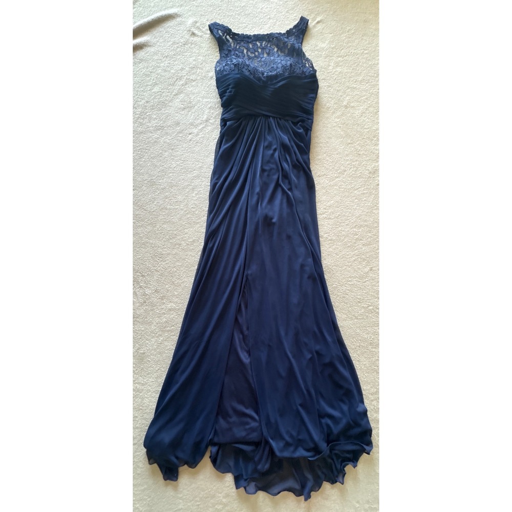 Davids Bridal Navy Blue Lace Illusion Neckline Ruched Gown Dress Size 6